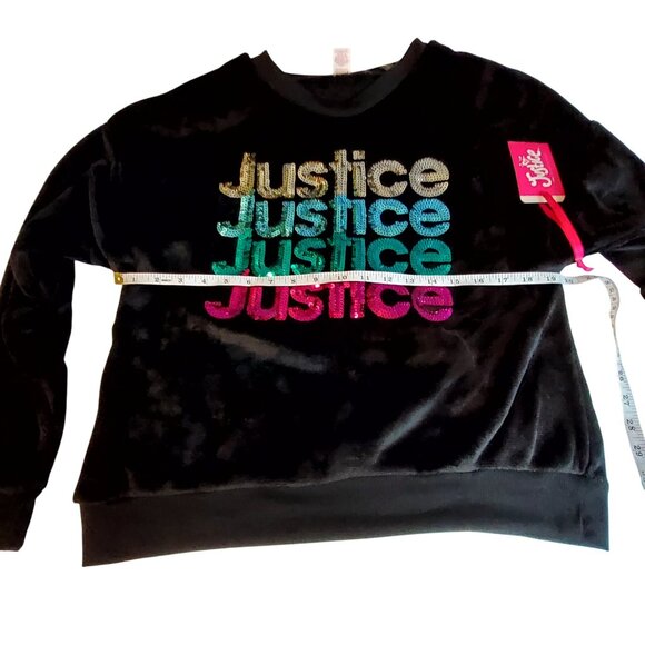 Justice Girls Black Velour Crewneck Sweatshirt  Multicolor Sequin Logo XL 16/18 - Picture 4 of 8
